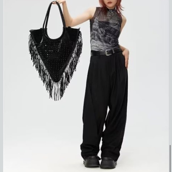 Black Fringe Studded Gothic Punk Rivet Fringe Shoulder Bag Agrippa brand purse - Picture 5 of 13